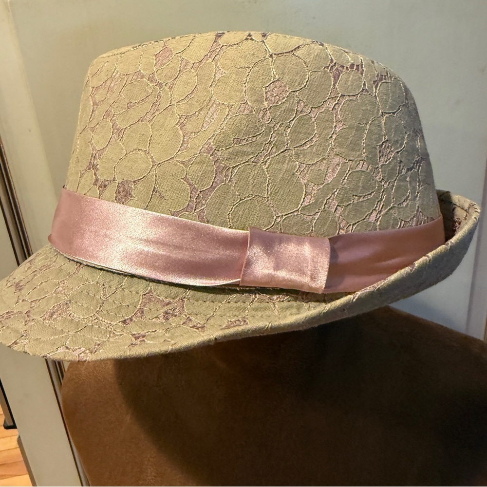 Lace-Overlay Fedora with Pink Satin Band